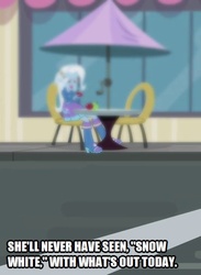 Size: 366x500 | Tagged: safe, edit, edited screencap, screencap, trixie, equestria girls, g4, music to my ears, apple, caption, cropped, female, food, image macro, out of focus, snow white, solo, text
