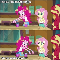 Size: 1000x1000 | Tagged: safe, edit, edited screencap, screencap, fluttershy, pinkie pie, sunset shimmer, equestria girls, g4, my little pony equestria girls: legend of everfree, caption, explosion, fire, gasoline, image macro, text