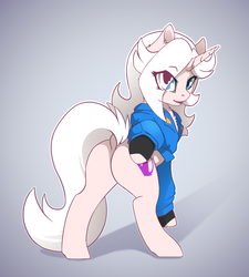Size: 3197x3551 | Tagged: safe, artist:arctic-fox, oc, oc only, oc:fuchsia, pony, unicorn, butt, clothes, dock, eye clipping through hair, female, gloves, hair over one eye, high res, jacket, mare, patreon, patreon reward, plot, simple background, solo