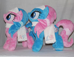 Size: 1024x783 | Tagged: safe, artist:peruserofpieces, aloe, lotus blossom, earth pony, pony, g4, duo, female, irl, mare, photo, plushie, siblings, sisters, spa pony, spa twins, towel, twins