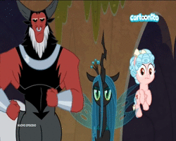 Size: 720x576 | Tagged: safe, screencap, cozy glow, lord tirek, queen chrysalis, centaur, changeling, changeling queen, pegasus, pony, frenemies (episode), g4, animated, belly, bickering, bow, cartoonito logo, cozy glow is not amused, crown, female, filly, foal, hair accessory, hair bow, italian, jewelry, male, mare, no sound, nose piercing, nose ring, piercing, regalia, septum piercing, shoving, stallion, tail bow, video, webm