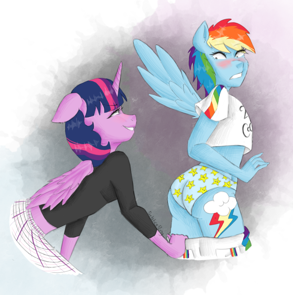 2041194 - suggestive, artist:ngahuialily, rainbow dash, twilight sparkle,  alicorn, anthro, g4, ass, assisted exposure, blue underwear, blushing,  butt, clothes, embarrassed, embarrassed underwear exposure, female,  lesbian, midriff, no tail, panties