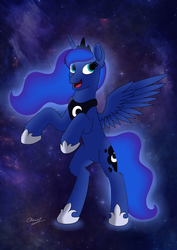 Size: 2893x4092 | Tagged: safe, artist:endertony, princess luna, alicorn, pony, g4, ethereal mane, female, galaxy, happy, hoof shoes, jewelry, mare, open mouth, rearing, regalia, solo, space, spread wings, wings