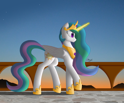 Size: 4500x3750 | Tagged: safe, artist:endertony, princess celestia, alicorn, pony, g4, balcony, ethereal mane, female, glowing horn, horn, jewelry, mare, profile, regalia, solo, stars, sunrise, walking