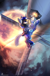 Size: 2000x3000 | Tagged: safe, artist:jedayskayvoker, oc, oc only, oc:pixel shield, pony, unicorn, astronaut, eva, flag of equestria, floating, high res, male, planet, repairing, smiling, solo, space, space station, spacesuit, spacewalk, stallion, working, ych result