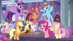 Size: 1280x720 | Tagged: safe, screencap, applejack, auburn vision, fire flicker, fluttershy, fuchsia frost, golden crust, midnight snack (g4), night view, november rain, ocarina green, pinkie pie, rainbow dash, strawberry scoop, summer breeze, twilight sparkle, alicorn, pony, g4, she's all yak, friendship student, magic, trophy, twilight sparkle (alicorn)