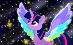 Size: 1280x800 | Tagged: safe, artist:php185, artist:pink1ejack, edit, twilight sparkle, alicorn, pony, g4, my little pony: rainbow roadtrip, colored wings, cropped, female, horn, mare, multicolored wings, night, rainbow wings, sky, solo, spread wings, stars, twilight sparkle (alicorn), vector, wing bling, wings