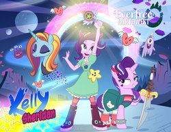 Size: 3300x2554 | Tagged: safe, artist:pixelkitties, sassy saddles, starlight glimmer, pony, unicorn, equestria girls, g4, the cutie map, clothes, crossover, dress, everfree northwest, high res, kelly sheridan, pun, staff, staff of sameness, star vs the forces of evil, wand