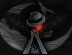 Size: 1024x791 | Tagged: safe, artist:thespiritshift, oc, oc only, bat pony, pony, fanfic:the phantom pony of everfree, abstract background, bat pony oc, fanfic art, glowing eyes, hat, red eyes, shadow, solo, spread wings, wings