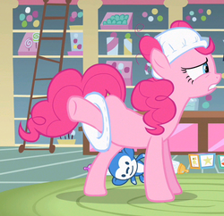 Size: 582x564 | Tagged: safe, screencap, pinkie pie, earth pony, pony, baby cakes, g4, season 2, candy, cropped, diaper, diaper on head, female, food, gritted teeth, hooves, mare, non-baby in diaper, out of context, raised hoof, solo, sugarcube corner