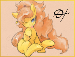 Size: 2475x1914 | Tagged: safe, artist:alts-art, oc, oc only, unnamed oc, earth pony, pony, bedroom eyes, colored sketch, cute, female, long hair, long mane, long tail, looking at you, mare, one eye closed, orange background, playful, ponytail, pose, signature, simple background, sitting, sketch, solo, stars, tongue out, watercolor painting, wink