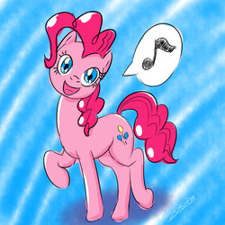 Size: 1024x1024 | Tagged: safe, artist:zokoira, pinkie pie, earth pony, pony, g4, abstract background, cute, diapinkes, female, looking at you, mare, music notes, raised hoof, singing, smiling, solo