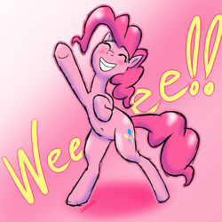 Size: 768x768 | Tagged: safe, artist:zokoira, pinkie pie, earth pony, pony, g4, belly button, bipedal, blushing, cheering, eyes closed, female, mare, simple background, smiling, text