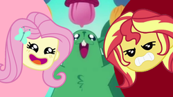 Size: 1280x720 | Tagged: safe, edit, editor:biggernate91, fluttershy, sunset shimmer, squirrel, equestria girls, g4, game stream, my little pony equestria girls: better together, emoji, shimmercode, sunset shimmer frustrated at game, thumbnail, youtube, youtube thumbnail