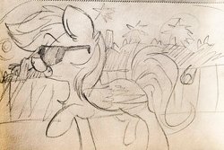 Size: 1024x682 | Tagged: safe, artist:lbrcloud, rainbow dash, pegasus, pony, g4, female, mare, monochrome, raised hoof, smiling, sunglasses, traditional art, walking