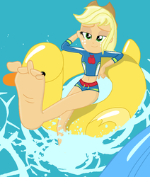 Size: 916x1080 | Tagged: safe, artist:grapefruitface1, derpibooru exclusive, edit, applejack, equestria girls, g4, i'm on a yacht, my little pony equestria girls: better together, applejack's hat, barefoot, base used, belly button, big feet, clothes, cowboy hat, feet, female, hat, inflatable toy, midriff, pool toy, soles, solo, spalshing, splash, swimming pool, swimsuit, wiggling toes