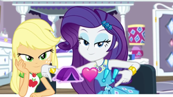 Size: 1280x720 | Tagged: safe, screencap, applejack, rarity, camping must-haves, equestria girls, equestria girls series, g4, spoiler:eqg series (season 2), bed, bedroom eyes, geode of shielding, geode of super strength, lidded eyes, looking at you, magical geodes, rarity peplum dress, rarity's bedroom, shipping fuel, tent