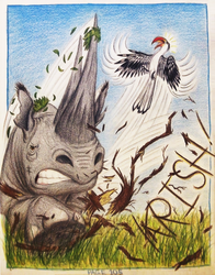 Size: 1726x2204 | Tagged: safe, artist:thefriendlyelephant, oc, oc only, bird, red-billed hornbill, rhinoceros, comic:sable story, africa, barely pony related, comic, grass, running, stomping, tree