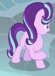 Size: 309x427 | Tagged: safe, screencap, discord, starlight glimmer, pony, unicorn, a matter of principals, g4, animated, cartoon physics, cropped, hammerspace, offscreen character, scroll, solo focus