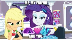 Size: 890x502 | Tagged: safe, edit, edited screencap, screencap, applejack, rarity, camping must-haves, equestria girls, equestria girls series, g4, spoiler:eqg series (season 2), bed, bedroom eyes, caption, geode of shielding, geode of super strength, looking at you, magical geodes, rarity's bedroom, tent