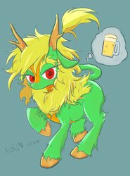 Size: 1512x2048 | Tagged: safe, artist:noupu, oc, oc only, kirin, alcohol, beer, female, kirin oc, raised hoof, simple background, solo, thought bubble