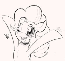 Size: 1516x1427 | Tagged: safe, artist:phoenixperegrine, pinkie pie, earth pony, pony, g4, blushing, cute, female, looking at you, mare, monochrome, one eye closed, simple background, smiling, solo, white background