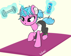 Size: 3484x2740 | Tagged: safe, artist:wenni, oc, oc only, oc:rainbow unicorn, pony, unicorn, bang energy drink, clothes, determined, dumbbell (object), energy drink, exercise, female, headphones, high res, magic, mare, pants, simple background, solo, tank top, weights, yoga mat, yoga pants