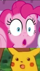 Size: 500x886 | Tagged: safe, edit, edited screencap, screencap, pinkie pie, pikachu, g4, she's all yak, :o, caption, image macro, imgflip, meme, open mouth, pokémon, ponk, reaction image, surprised pikachu, text