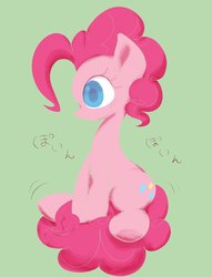 Size: 1128x1480 | Tagged: safe, artist:noupu, pinkie pie, earth pony, pony, g4, female, japanese, mare, simple background, sitting on tail, solo, tail, tail stand