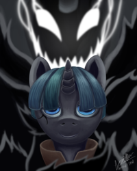 Size: 2000x2500 | Tagged: safe, artist:theunconsistentone, pony of shadows, stygian, pony, unicorn, g4, corrupted, creepy, creepy smile, high res, smiling