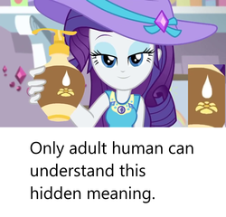 Size: 1280x1228 | Tagged: safe, edit, edited screencap, screencap, rarity, camping must-haves, equestria girls, g4, my little pony equestria girls: better together, bedroom eyes, caption, cropped, female, geode of shielding, looking at you, lotion, magical geodes, out of context, rarity peplum dress, rarity's bedroom, solo