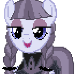 Size: 750x748 | Tagged: safe, artist:undeadponysoldier, inky rose, pegasus, pony, g4, clothes, dress, eyeliner, female, goth, gothic eyeliner, lidded eyes, looking at you, makeup, mare, open mouth, pigtails, pixel art, pixelated, simple background, solo, white background