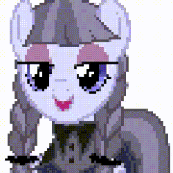 Size: 320x320 | Tagged: safe, alternate version, editor:undeadponysoldier, inky rose, pegasus, pony, g4, animated, clothes, dress, eyeliner, female, goth, gothic eyeliner, lidded eyes, looking at you, makeup, mare, open mouth, pigtails, pixel art, pixelated, quick draw, satisfying, simple background, solo, white background
