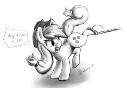 Size: 2258x1576 | Tagged: safe, artist:solarbutt, applejack, earth pony, pony, g4, dialogue, female, grayscale, hat, mare, monochrome, rope, speech bubble