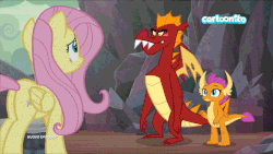 Size: 600x338 | Tagged: safe, screencap, fluttershy, garble, smolder, dragon, pegasus, pony, g4, sweet and smoky, angry, animated, brother and sister, cartoonito logo, claws, cute, cutie mark, discovery, displeased, dragon lands, dragoness, female, folded wings, gif, horns, italian, male, mare, pointing, raised eyebrow, siblings, smolder is not amused, teenaged dragon, teenager, toes, trio, unamused, wings