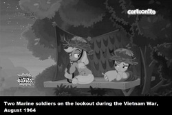 Size: 1280x862 | Tagged: safe, edit, edited screencap, screencap, apple bloom, applejack, earth pony, pony, g4, going to seed, apple sisters, binoculars, black and white, cartoonito logo, duo, fake history, female, filly, foal, grayscale, helmet, italian, mare, monochrome, treetop, vietnam war