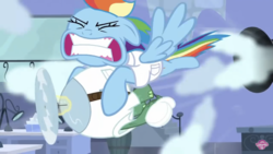 Size: 1334x750 | Tagged: safe, screencap, rainbow dash, tank, pony, g4, tanks for the memories, teeth, weather factory, weather factory uniform