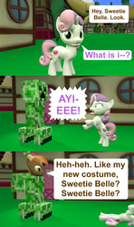 Size: 1920x3240 | Tagged: safe, artist:red4567, button mash, sweetie belle, pony, don't mine at night, g4, 3d, clothes, comic, costume, creeper, faint, minecraft, prank, source filmmaker, unconscious