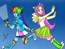 Size: 1024x768 | Tagged: safe, artist:lacie-buncat, fluttershy, rainbow dash, equestria girls, g4, boots, caught, clothes, compression shorts, dragging, female, flashlight (object), high heel boots, miniskirt, ponied up, running, running in place, scared, shoes, shorts, skirt, skirt pull, socks, wings