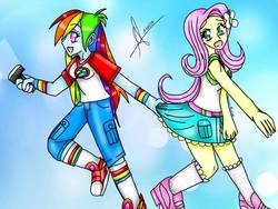 Size: 1024x768 | Tagged: safe, artist:lacie-buncat, fluttershy, rainbow dash, equestria girls, g4, belt, caught, clothes, converse, dragging, female, flashlight (object), miniskirt, running, running in place, scared, shoes, shorts, skirt, skirt pull, sneakers, socks