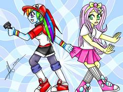 Size: 1024x768 | Tagged: safe, artist:lacie-buncat, fluttershy, rainbow dash, equestria girls, g4, caught, clothes, converse, dragging, female, flashlight (object), hat, leggings, miniskirt, pleated skirt, ponytail, running, running in place, scared, shoes, shorts, skirt, skirt pull, sneakers, socks