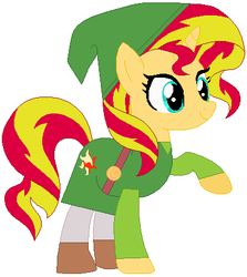 Size: 385x432 | Tagged: safe, artist:selenaede, artist:user15432, sunset shimmer, pony, unicorn, g4, base used, boots, clothes, crossdressing, crossover, cute, elf hat, green clothes, green hat, hat, link, link's hat, link's tunic, nintendo, shimmerbetes, shoes, solo, super smash bros., the legend of zelda, the legend of zelda: the wind waker, toon link, tunic