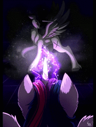 Size: 1080x1440 | Tagged: safe, artist:julunis14, derpibooru exclusive, twilight sparkle, oc, alicorn, pony, g4, alicorn oc, animated, ethereal mane, fanfic, fanfic art, fanfic cover, glowing horn, horn, magic, no sound, rainbow, rainbow hair, rainbow power, twilight sparkle (alicorn), webm