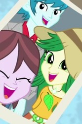 Size: 312x471 | Tagged: safe, screencap, sweet leaf, thunderbass, velvet sky, equestria girls, equestria girls specials, g4, my little pony equestria girls: better together, my little pony equestria girls: forgotten friendship, background human, cropped, eyes closed, female, male, photo, smiling, yearbook photo
