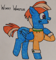 Size: 2968x3200 | Tagged: safe, artist:awgear, derpibooru exclusive, windy whistles, pegasus, pony, g4, blue coat, clothes, female, folded wings, high res, mare, mother's day, multicolored hair, purple eyes, solo, traditional art, wings