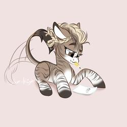 Size: 2000x2000 | Tagged: safe, artist:jen-neigh, oc, oc only, oc:mikaella, hybrid, pony, zonkey, fallout equestria, alphabet, confused, fallout equestria: of shadows, high res, lying down, mouth writing, pencil, solo, writing