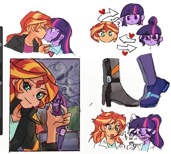 2041505 - safe, artist:keeerooooo1, sci-twi, sunset shimmer, twilight  sparkle, equestria girls, female, glasses, kissing, lesbian, love triangle,  scitwishimmer, shipping, sunset twiangle, sunsetsparkle - Derpibooru