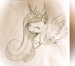 Size: 2048x1812 | Tagged: safe, artist:phoenixperegrine, princess cadance, alicorn, pony, g4, eyes closed, female, mare, monochrome, simple background, smiling, solo, traditional art