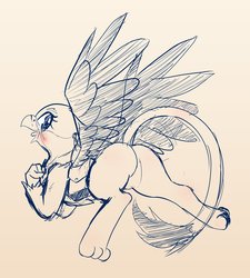 Size: 2314x2575 | Tagged: safe, artist:phoenixperegrine, gabby, griffon, g4, blushing, butt, cute, featureless crotch, female, flying, gabbooty, high res, monochrome, open mouth, plot, simple background, smiling, solo
