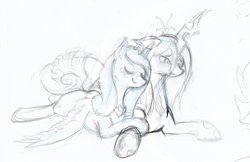 Size: 1707x1107 | Tagged: safe, artist:phoenixperegrine, princess cadance, queen chrysalis, alicorn, changeling, changeling queen, pony, g4, blushing, female, infidelity, lesbian, lying down, mare, monochrome, ship:cadalis, shipping, simple background, sketch, white background